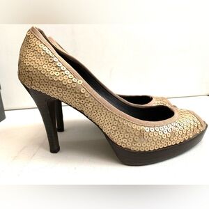 Staccato Champagne Sequin Peep Toe Stacked High Heel Pumps Shoes Size 39 / 8